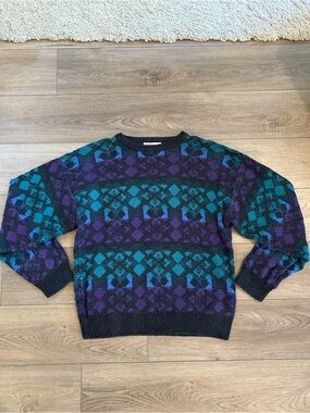Vintage Jantzen USA Made Geometric Knit Sweater 90s Cosbycore Size L